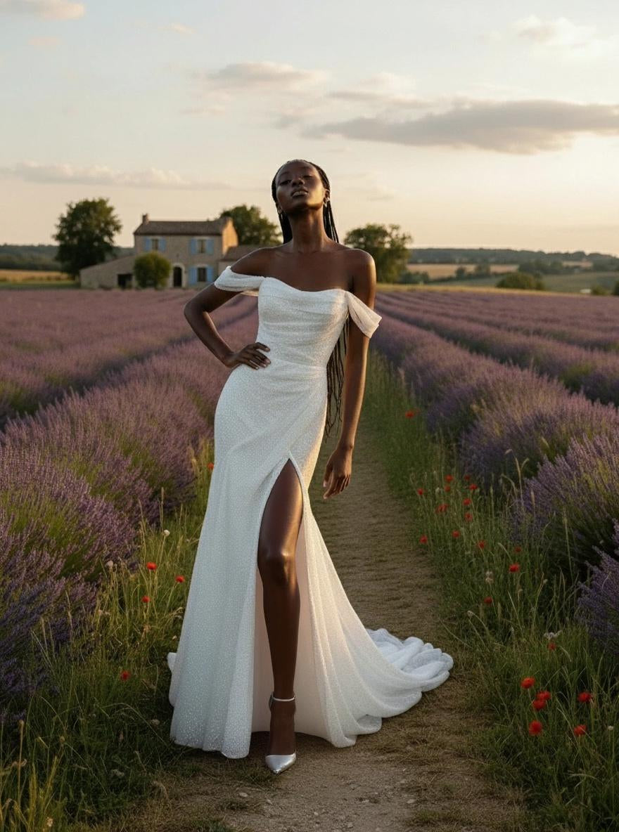 OFF-THE SHOULDER COLUMN WITH HIGH SLIT