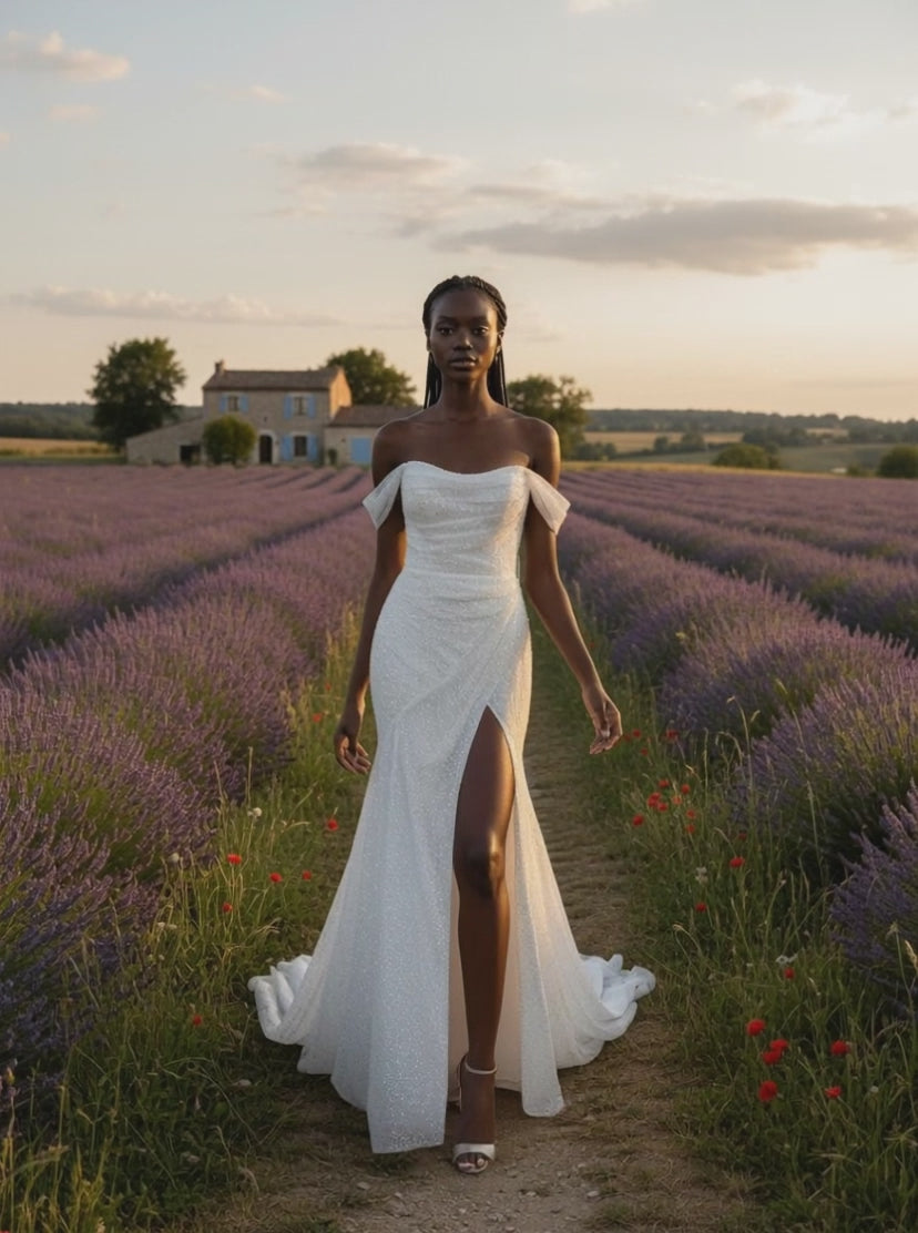 OFF-THE SHOULDER COLUMN WITH HIGH SLIT